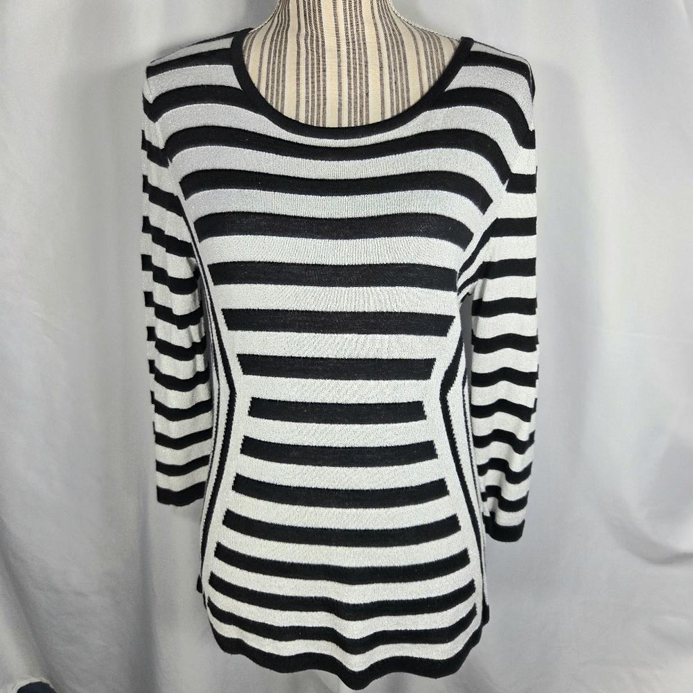 Emaline Black & White Stripes w/Silver Metallic 3/4 Sleeve Top Size Small